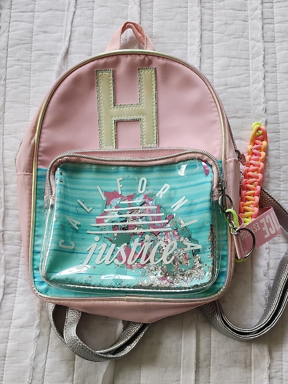 Justice Pink Mini Backpack with Teal Front Pocket and Silver H Patch
